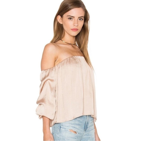 Revolve Bardot Caught Sleeve Off Shoulder Satin Bustier Top in Pebble - 4 - Picture 2 of 15